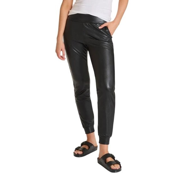 Commando Joggers Size Medium Pull On Faux Leather Pants Solid Black Relaxed Fit - Picture 1 of 8